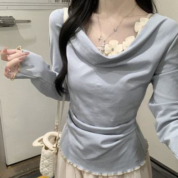 Fake Two-Piece Design with Stand Collar and Floral Decoration, Long-Sleeve T-Shirt for Women, New Spring Style with a High-End Feel, Ruffled Top