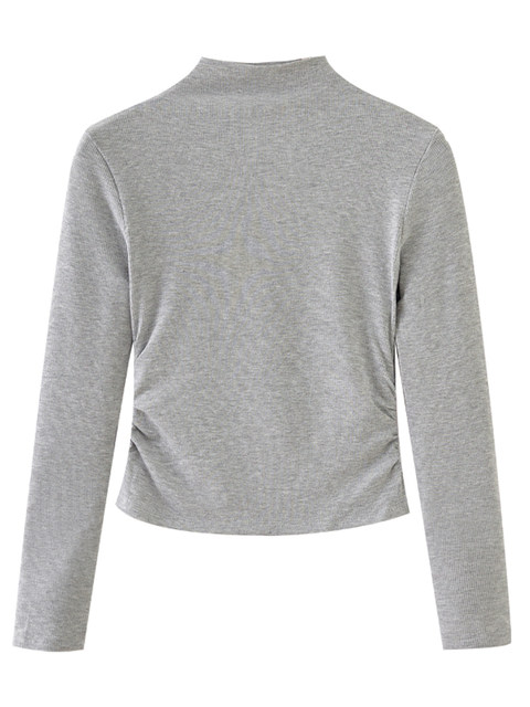 Stand Collar Pleated Women's Base Shirt, Fashionable and Stylish, Short Style, Early Spring New Korean Version, Slim Fit Long-Sleeved T-Shirt Top