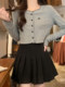 Hot Girl Style Gray Short Cardigan for Women, New Spring Korean Style for Petite Figures, Color-Blocked Round Neck Long-Sleeve Top