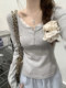 Pure Desire Lace Splicing Half-Open Collar Button Design Long-Sleeve T-Shirt for Women, New Spring Korean Style Gray Short Top