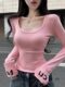 Contrast Color Letter Print Long-Sleeved Velvet Bottoming Shirt for Women, New Winter Style Sexy Pure Lust Style U-Neck Slim Fit Inner T-Shirt