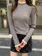 Contrast Color Lace Splicing Mid-Collar Long-Sleeve Base Shirt for Women, New Spring and Autumn Style, Versatile for Commuting, Slim Fit, Gray T-Shirt for Layering