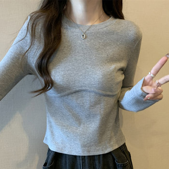 Chic Fishbone Round Neck Ribbed Cotton Long-Sleeve T-Shirt for Women, New Spring Korean Style Slim-Fit Base Shirt for Women, Short Style for Layering