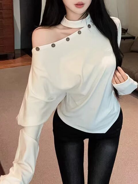 Designed with Unique Buttons, Halter Neck, Cut-Out, Asymmetrical Shoulder, Long-Sleeved T-Shirt for Women, New Winter Fashion, Irregular Hem Top ins