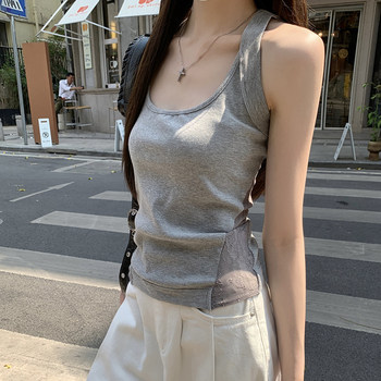 Lace Patchwork Design Slim-Fit Hot Girl Tank Top for Women, New Summer Style, Versatile Round Neck Base Camisole