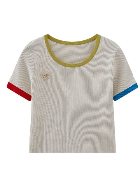 Sweet and Youthful Round-Neck Color-Block Knit Short-Sleeve Top for Women, New Summer Style with Badge Decoration, Slim Fit