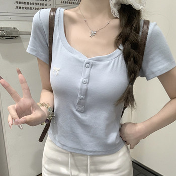 Bowknot Embroidery Design Versatile Round Neck Short-Sleeve T-Shirt for Petite Women, New Summer Style Fresh Blue Top