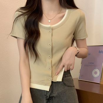 Color-Blocked Button-Down Short-Sleeve T-Shirt for Female Students, Summer 2026 New Korean Style Slim-Fit Patchwork Base Shirt, Fake Two-Piece
