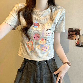 Korean-Style Cartoon Print Tie-Dye Round-Neck Short-Sleeve T-Shirt for Women, Summer New Slim-Fit Short Top for Petite Figures