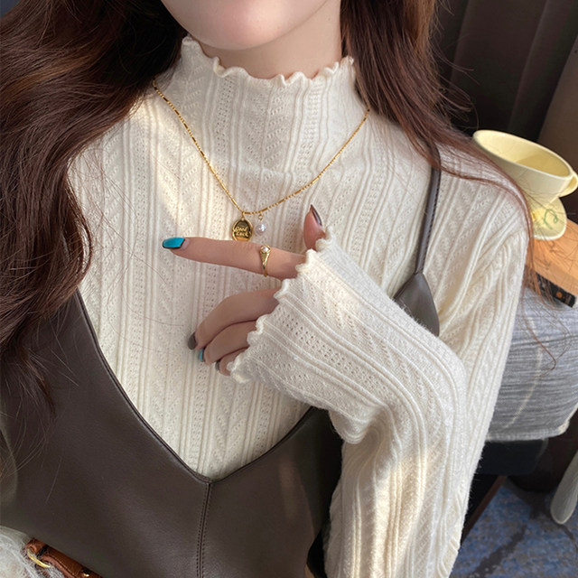 Sweet Hollow-Out Ruffled Half-High Collar Knit Sweater for Women, New Spring Korean Style Slim Fit Warm Base Shirt Women's Sweater