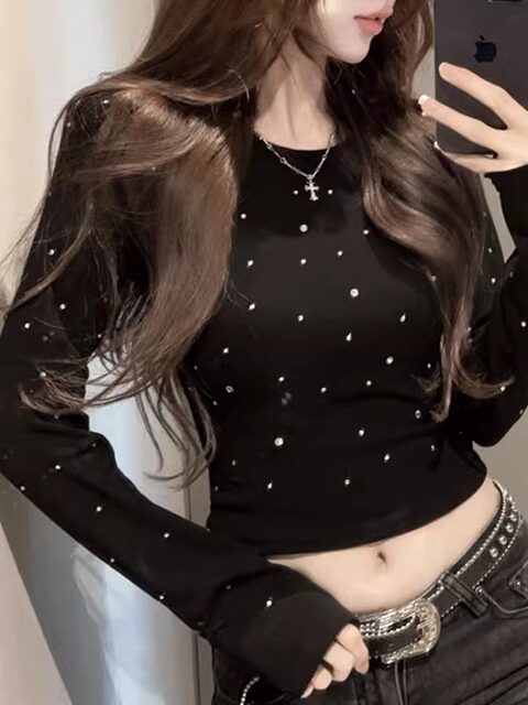 Trendy Hot Girl Rhinestone Round Neck Long-Sleeve T-Shirt for Women, New Spring Style, Petite Slim-Fit Short Base Shirt ins