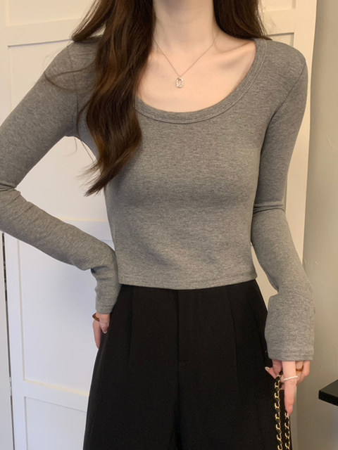 ins Hot Girl Round Neck Brushed Thin Fleece Long Sleeve T-Shirt for Women, Short Style, New Spring Slim Fit for Petite Women, White Base Shirt