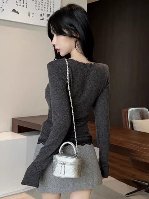 Pure Desire Style Lace Trim V-Neck Long-Sleeve Cardigan for Women, New Autumn Single-Breasted Sexy Slim-Fit Top