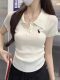 Elegant Polo Collar Embroidered Short-Sleeved Knit Top for Women, 2025 Summer New Style, Pleated Waist Slimming Top