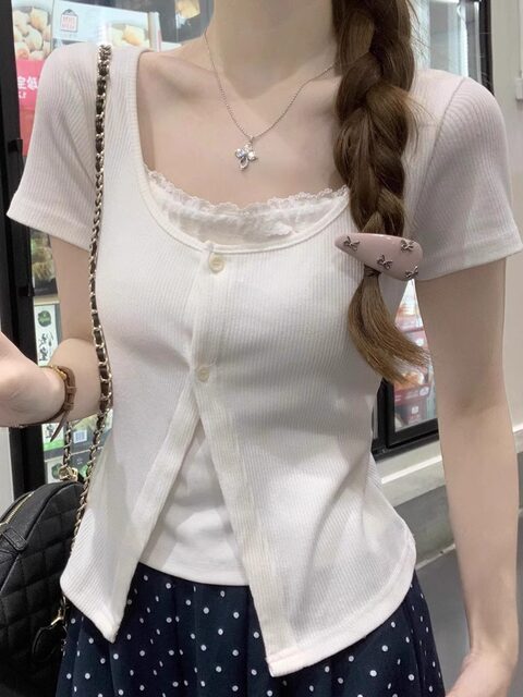 Fake Two-Piece Pure Desire Style Square Neck Lace Trim Button-Up T-Shirt for Women, New Summer Sweet and Age-Reducing Slim-Fit Short-Sleeve Cardigan