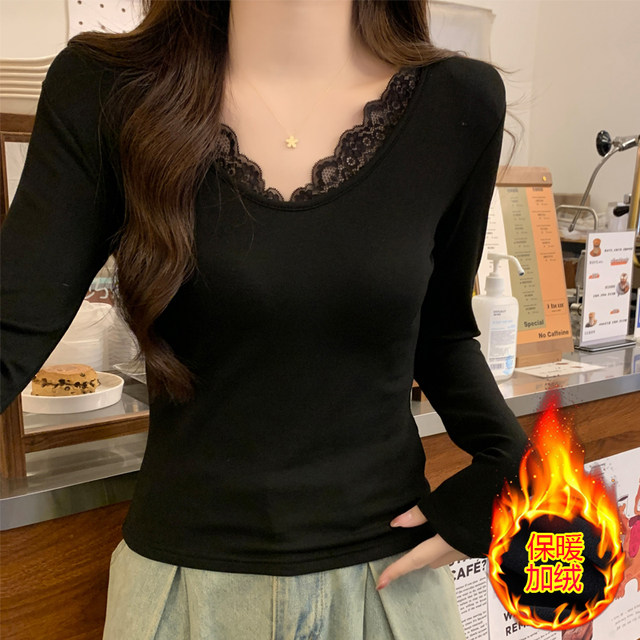 Lace Splicing V-Neck Fleece-Lined Melard Mocha Color Bottoming Shirt for Women, New Autumn and Winter Slim-Fitting Sexy Long-Sleeved T-Shirt for Women