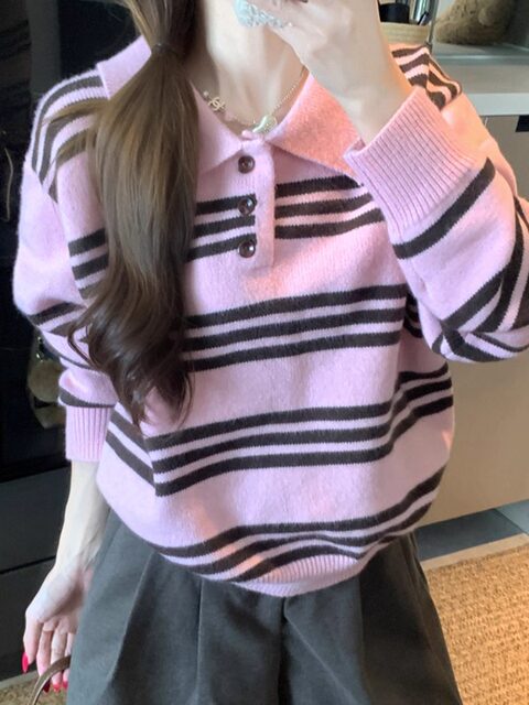 Pink Striped Polo Collar Long-Sleeved Knitwear for Women, New Winter Style, Lazy Bf Style, Casual Loose Pullover Sweater