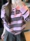 Pink Striped Polo Collar Long-Sleeved Knitwear for Women, New Winter Style, Lazy Bf Style, Casual Loose Pullover Sweater
