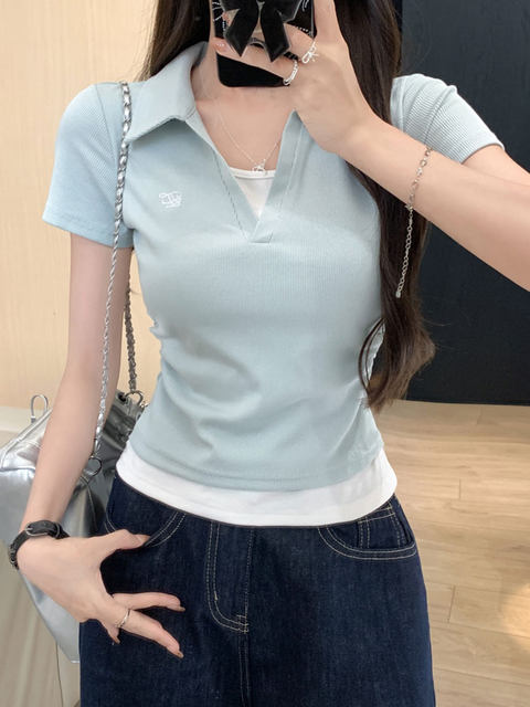 Clever Side Ruching Design Short-Sleeve Faux Two-Piece Women's Summer New Style Fresh Blue Polo Collar Slim-Fit Top