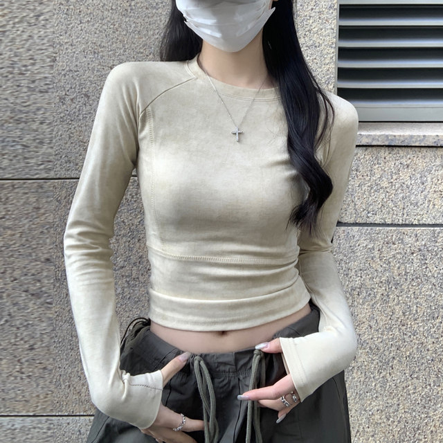 Trendy Tie-Dye Fishbone Patchwork Base Shirt for Petite Women, New Autumn Korean Style Slim-Fit Raglan Long-Sleeve T-Shirt for Women