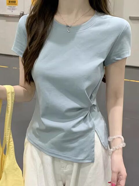 Round Neck Knot Slit Design Cinched Waist Short-Sleeved T-Shirt for Women, New Summer Style with Irregular Hem, Slim Fit Top