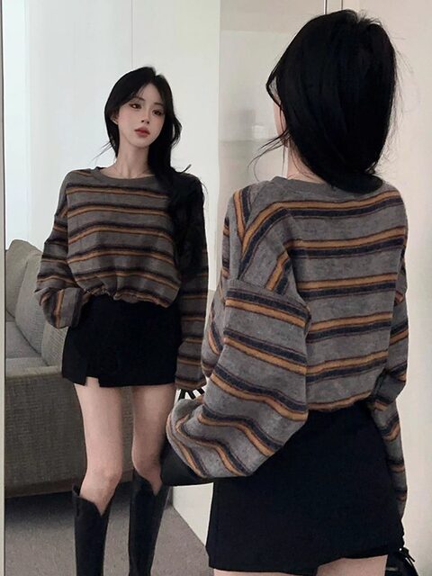 Lazy Style Loose Retro Color-Block Striped Crew Neck Long-Sleeve Sweatshirt for Women, New Winter Hot Girl Drawstring Waist Top