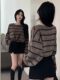 Lazy Style Loose Retro Color-Block Striped Crew Neck Long-Sleeve Sweatshirt for Women, New Winter Hot Girl Drawstring Waist Top