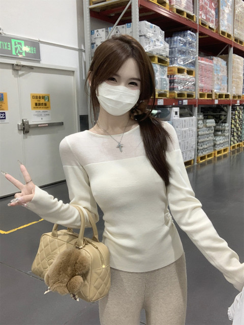 Gentle Purple Pure Desire Patchwork See-Through Long-Sleeved Wool Knitwear for Women, New Autumn Korean Style Simple Round-Neck Sweater