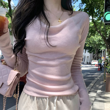 Pure and Alluring Off-The-Shoulder Long-Sleeve Soft Sweater for Women, New Autumn Style, Unique Versatile One-Shoulder Slim-Fit Knit Top