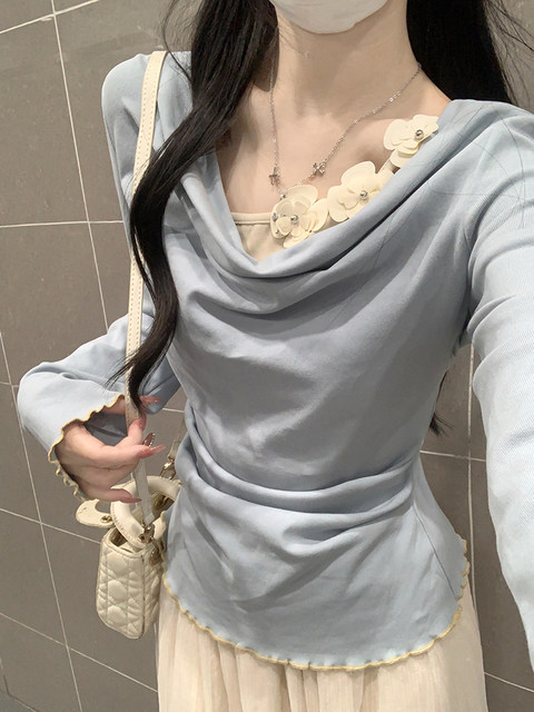 Fake Two-Piece Design with Stand Collar and Floral Decoration, Long-Sleeve T-Shirt for Women, New Spring Style with a High-End Feel, Ruffled Top