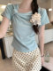 Korean-Style Gentle Blue Short-Sleeve T-Shirt for Women, New Summer Design with Unique Twist, Diagonal Neckline, Ruched Slim-Fit Top