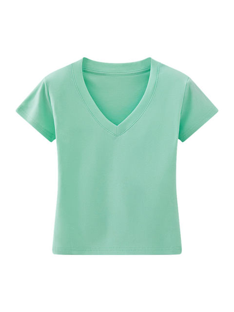 Hot Girl Mint Green Deep V-Neck Padded Shoulder Short-Sleeve T-Shirt for Women, New Summer Style, Sexy Pure Desire Style, Slim-Fit Half-Sleeve Top