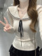 Sweet and Youthful Navy Collar Color-Blocked Lace-Up Knit Sweater for Women, New Spring Korean Style Slim-Fit Long-Sleeve Sweater Top for Women