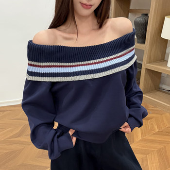 Chic Color-Block Striped Off-Shoulder Knit Patchwork Sweatshirt for Women, 2026 Spring New Loose-Fitting Trendy Top Jacket