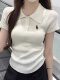 Elegant Polo Collar Embroidered Short-Sleeved Knit Top for Women, 2025 Summer New Style, Pleated Waist Slimming Top