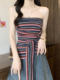 American-Style Hot Girl Retro Striped Tie-Up Tube Top for Women, New Summer Design with Irregular Hem, Waist-Cinching Sleeveless Top
