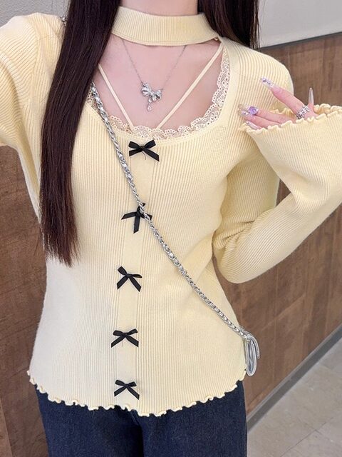 Gentle Lace-Trimmed Halter Neck Square-Neck Flared Sleeve Knit Sweater for Women, New Winter Style Sweet Slim-Fit Sweater
