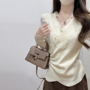 Sweet Heavy Lace Patchwork Cross V-Neck Andy Velvet Knit Sweater for Women, New Autumn and Winter Irregular Waist-Cinching Base Layer