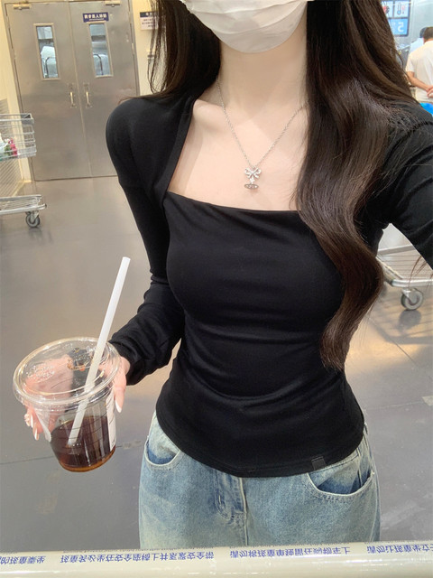 Pure Desire Style Square Neck Ruched Fingerless Coffee-Colored Long-Sleeve T-Shirt for Women, New Autumn and Winter Slim-Fit Hot Girl Fingerless Base Shirt for Women