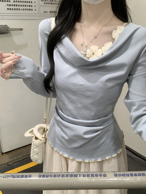 Fake Two-Piece Design with Stand Collar and Floral Decoration, Long-Sleeve T-Shirt for Women, New Spring Style with a High-End Feel, Ruffled Top