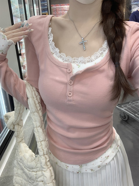 Pure Desire Style Contrasting Lace Floral Button-Up Base Shirt for Women, New Autumn Korean Version Fake Two-Piece Long-Sleeve T-Shirt for Women ins
