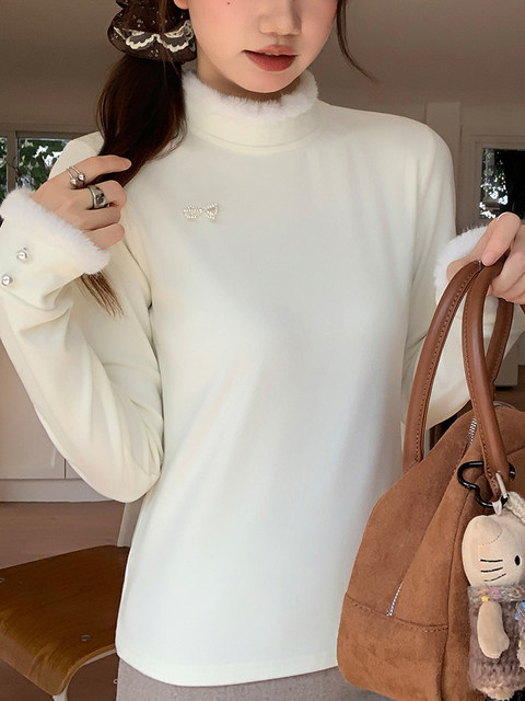 Fuzzy Patchwork Mid-Neck Fleece-Lined Long-Sleeve Base Shirt for Women, New Spring and Autumn Korean Style, Gentle Apricot Color, Slim-Fit T-Shirt Top