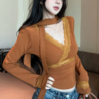 Pure Desire Style Lace Splicing Cross V-Neck Waist-Cinching Base Shirt for Women, New Autumn and Winter Irregular Ribbon Long-Sleeve T-Shirt for Women