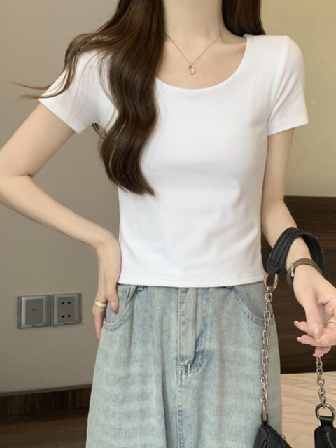 Petite Round-Neck Regular Shoulder High-End Gray T-Shirt for Women, Short-Sleeved, New Summer Korean Style, Slim-Fit, High-Waisted, Stretchy Base Shirt