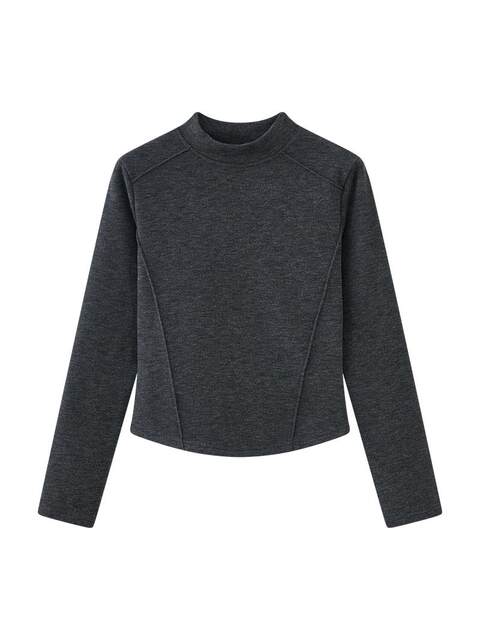 Women's Long-Sleeved Half-High Collar Base Shirt with Brushed Fleece Lining, New Autumn and Winter Design with Fishbone Line and Curved Hem