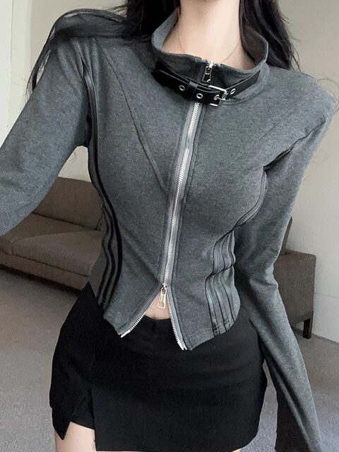 Cool and Stylish Design Double-Zip Stand Collar Long-Sleeve Cardigan for Women, New Winter Style with Side Color-Blocking, Slim-Fit Waist-Cinching Jacket