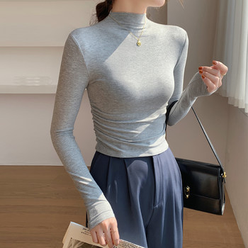 Stand Collar Pleated Women's Base Shirt, Fashionable and Stylish, Short Style, Early Spring New Korean Version, Slim Fit Long-Sleeved T-Shirt Top