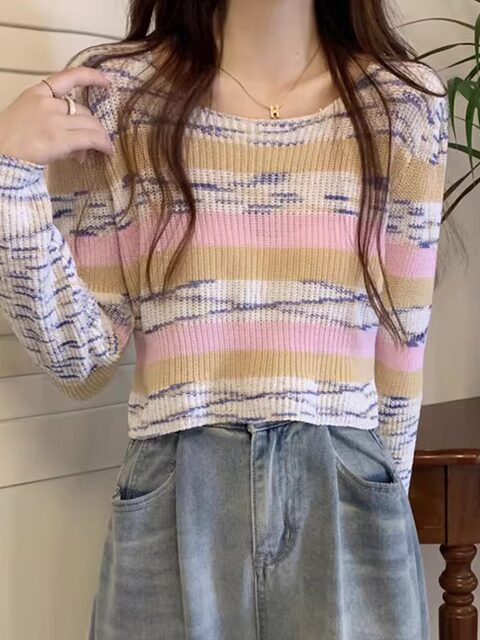 Petite Rainbow Striped Knit Sweater for Women, New Autumn Vintage Style, Round Neck, High Waist, Short Length, Long Sleeve Sweater