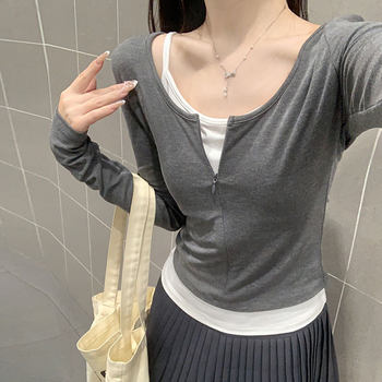 Korean Style Pure and Alluring Half-Zip U-Neck Long-Sleeve T-Shirt for Women, New Autumn Style, Layered with Camisole Tank Top Two-Piece Set