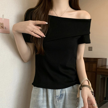 Irregular Off-Shoulder Asymmetrical Collar Black Short-Sleeve T-Shirt for Women, New Summer Style, Pure Desire Hot Girl Style, Slim Fit One-Shoulder Top
